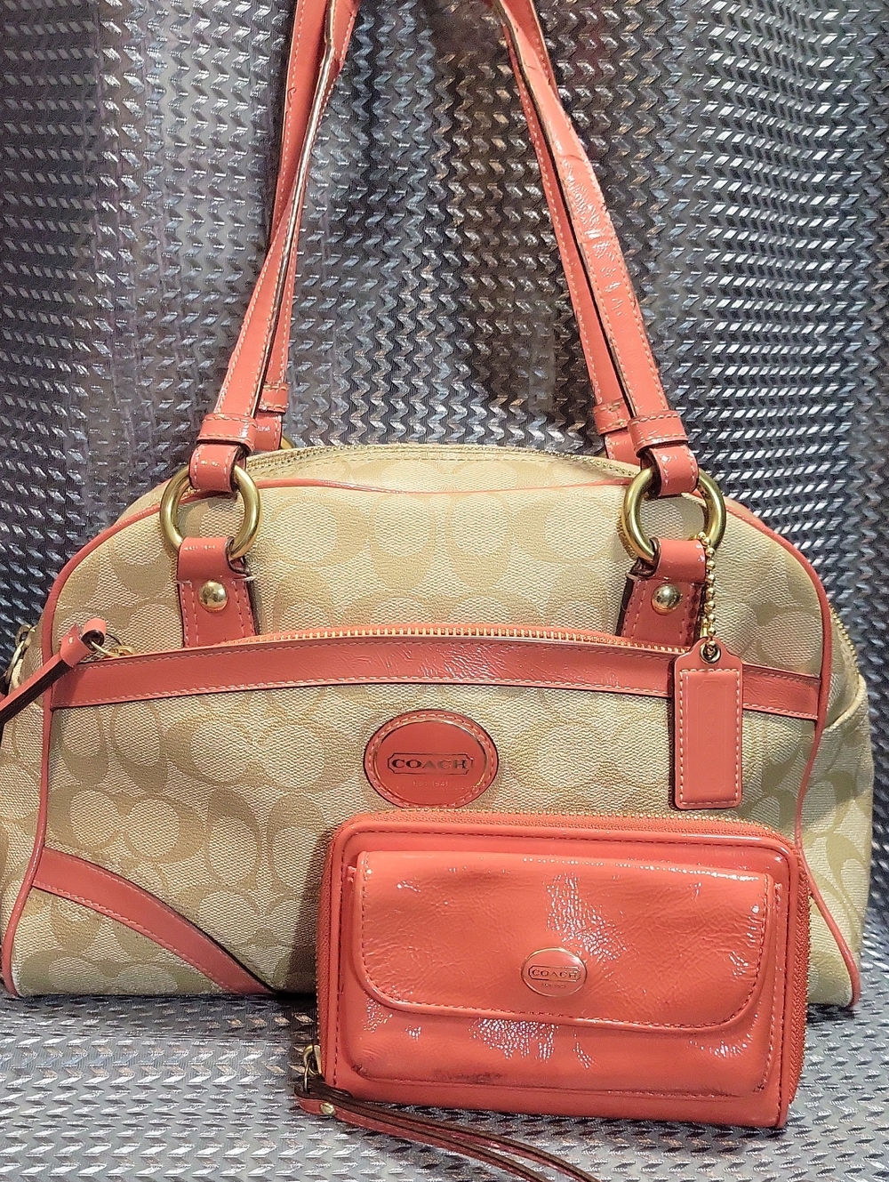 Coach Beige And Coral Signature Dome Satchel with Wallet